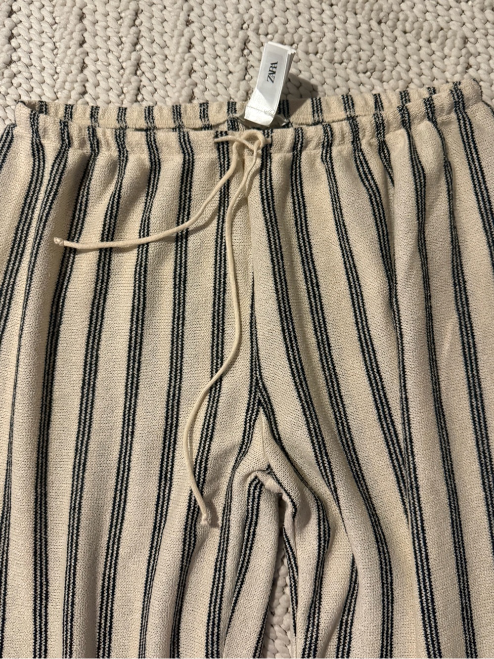 Zara Cream & Black Striped Drawstring Wide-Leg Lounge Beach Boho Pants - Picture 4 of 7